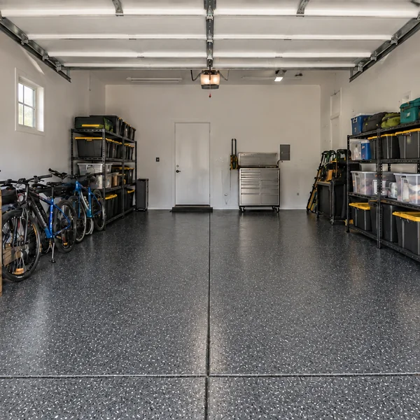 Organized garage with finished epoxy floor