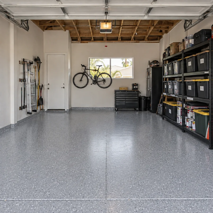 Organized garage with finished epoxy floor