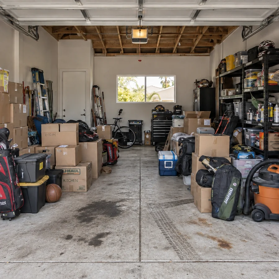 Cluttered garage with stained concrete floor