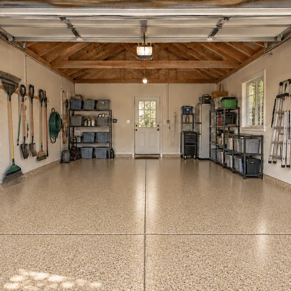 Organized garage with finished epoxy floor